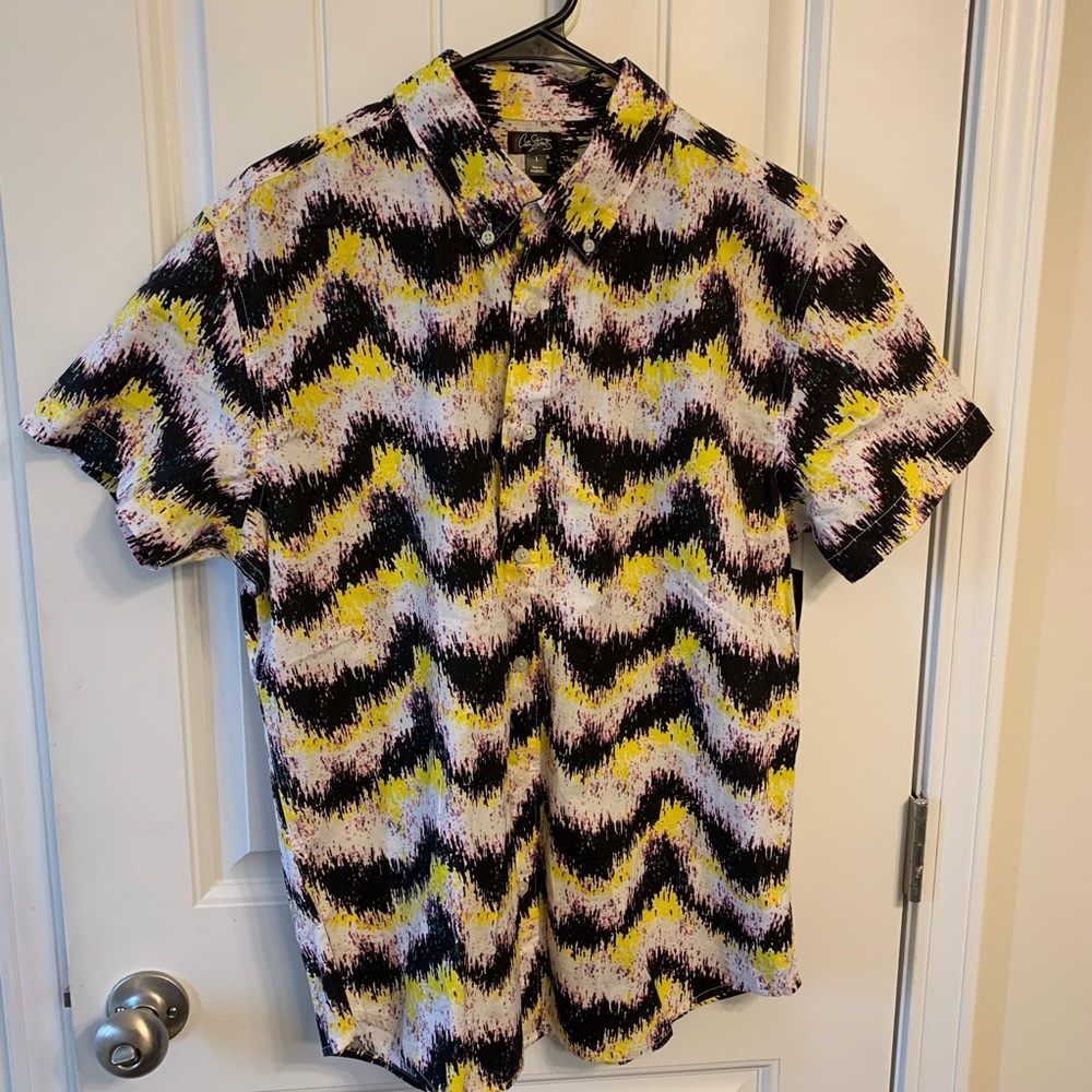 City streets, black and yellow button down , L